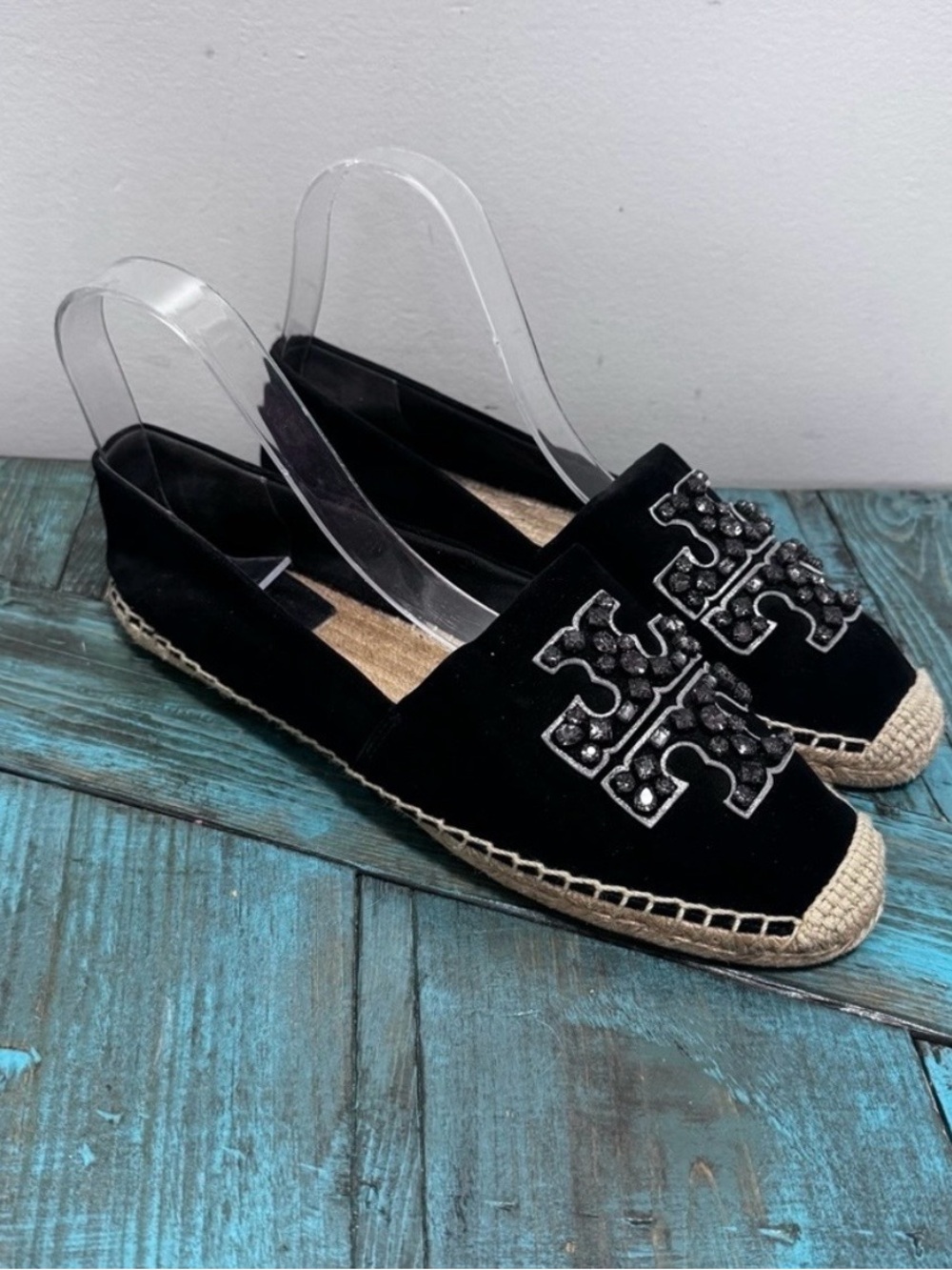 Tory Burch Embellished Espadrille Suede Jewel Perfect Black/Diamond Size 10.5